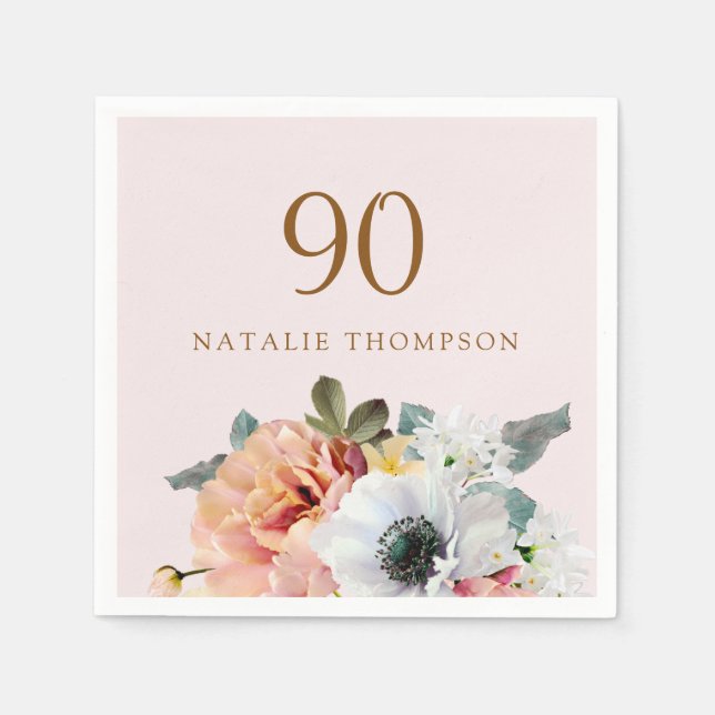 Vintage Rustic Peach Flower 90th Birthday Party Napkin (Front)