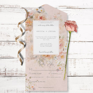 Vintage Rustic Pink Floral Frame Dinner All In One Invitation