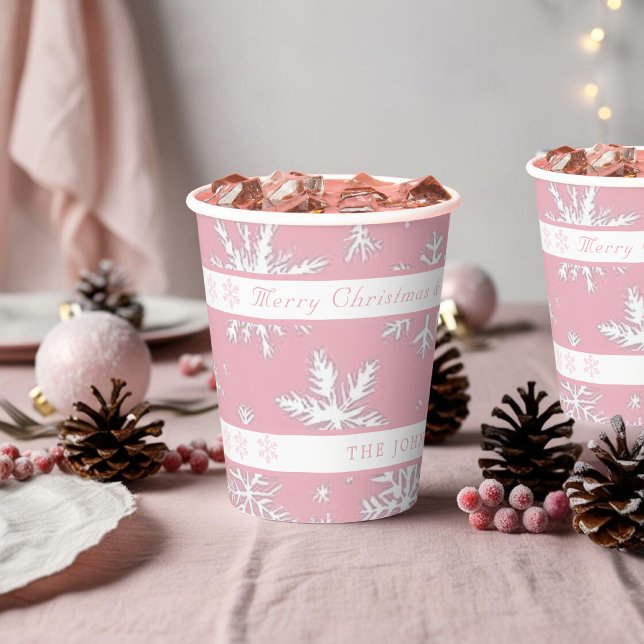 Vintage Rustic Pink Snowflakes pattern Christmas Paper Cups (Vintage Rustic Pink Snowflakes pattern Christmas Paper Cups)
