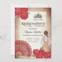 Vintage rustic red hand fan roses tiara Quince 