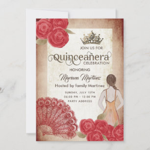 Vintage rustic red hand fan roses tiara Quince  Invitation
