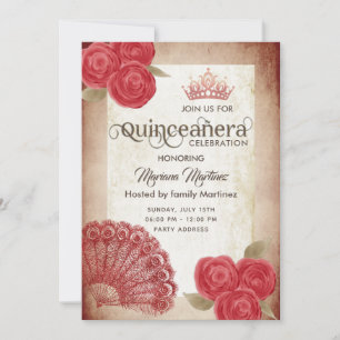 Vintage rustic red hand fan roses tiara Quince  Invitation