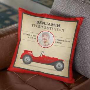 Vintage Rustic Red Race Car Baby Photo Birth Stats Cushion