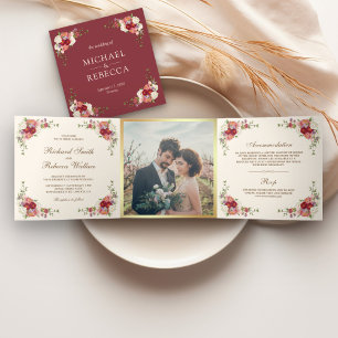 Vintage Rustic Romantic Floral Photo Wedding Tri-Fold Invitation