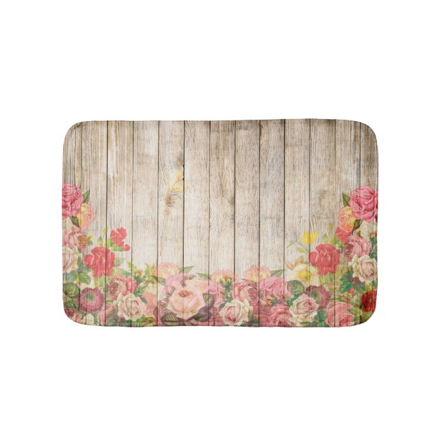 Vintage Rustic Romantic Roses Wood Bath Mat (Front)
