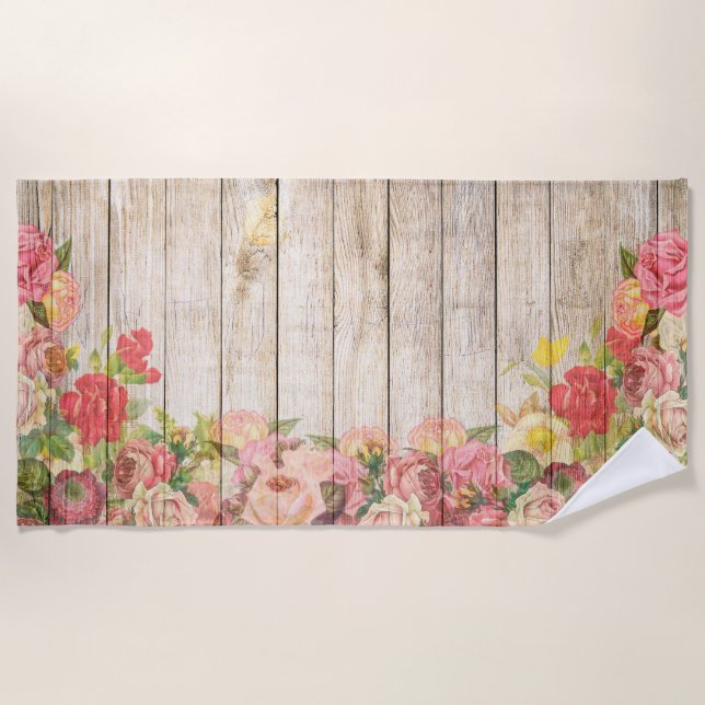 Vintage Rustic Romantic Roses Wood Beach Towel (Front)