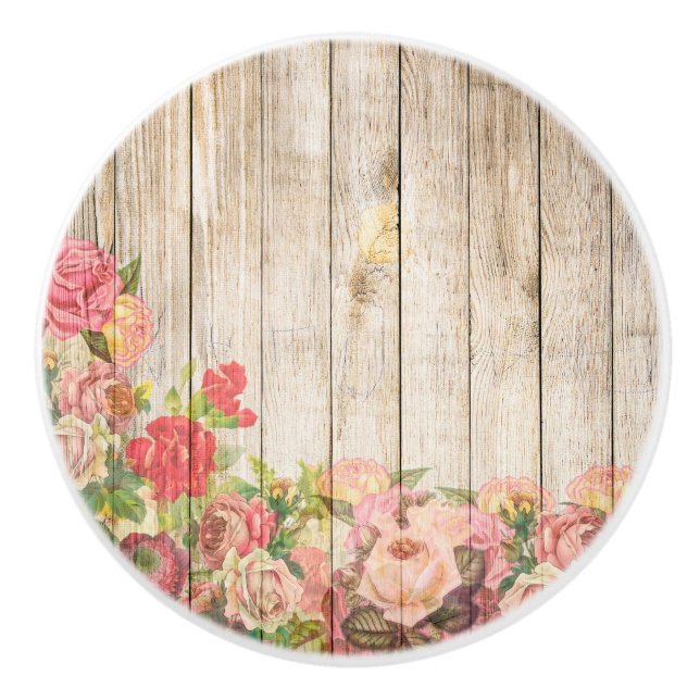 Vintage Rustic Romantic Roses Wood Ceramic Knob (Front)