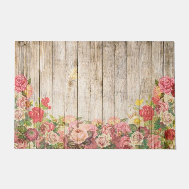 Vintage Rustic Romantic Roses Wood Doormat (Front)