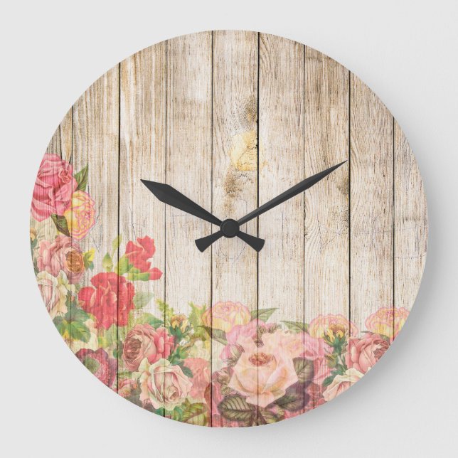 Vintage Rustic Romantic Roses Wood Large Clock (Front)