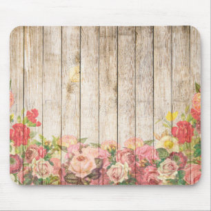 Vintage Rustic Romantic Roses Wood Mouse Mat