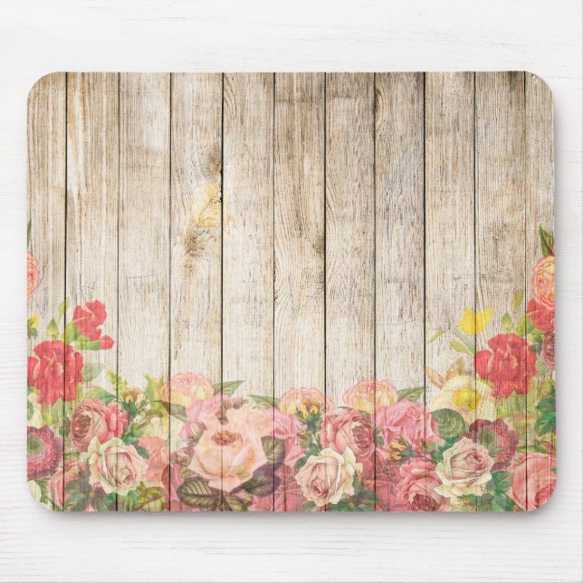 Vintage Rustic Romantic Roses Wood Mouse Mat (Front)