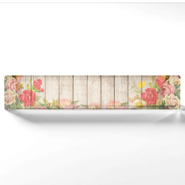 Vintage Rustic Romantic Roses Wood Nameplate (Front)