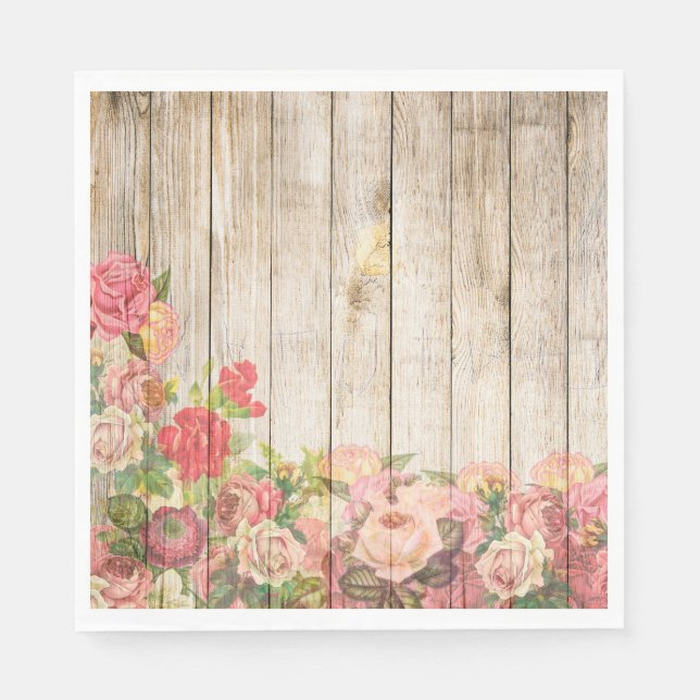 Vintage Rustic Romantic Roses Wood Napkin (Front)