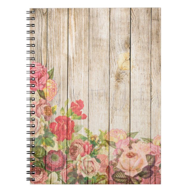 Vintage Rustic Romantic Roses Wood Notebook (Front)