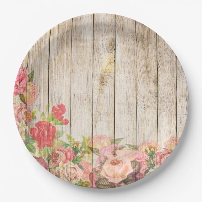 Vintage Rustic Romantic Roses Wood Paper Plate (Front)