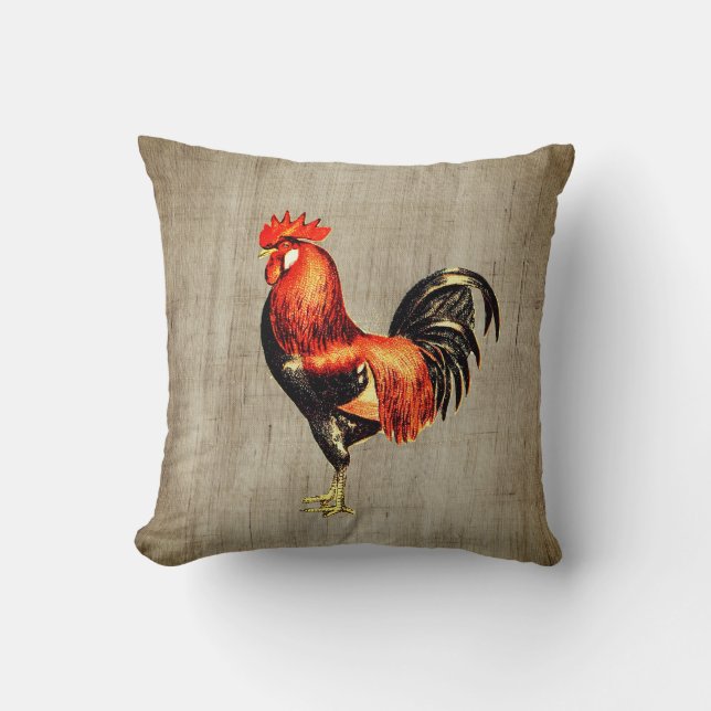 Vintage Rustic Rooster Brown Beige Burlap Cushion (Front)