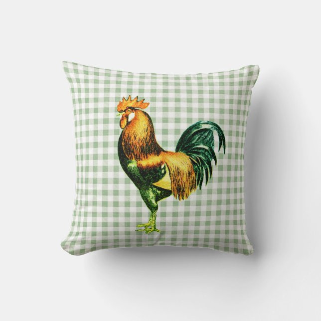 Vintage Rustic Rooster on Sage Gingham Plaid Cushion (Front)
