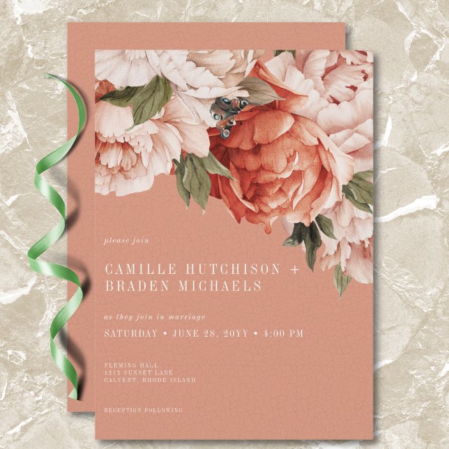 Vintage Rustic Rust & Peach Peonies Wedding Invitation (Vintage Rustic Rust & Peach Peonies Wedding Invitation)