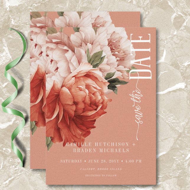 Vintage Rustic Rust & Peach Peonies Wedding Save The Date (Vintage Rustic Rust & Peach Peonies Wedding Save The Date)