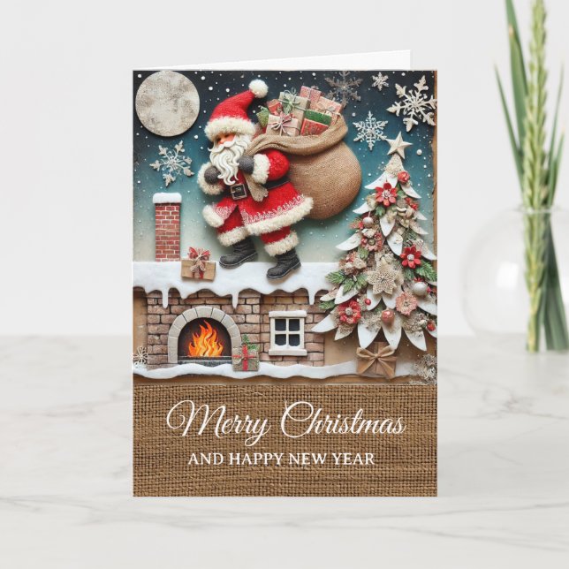 Vintage Rustic Santa Chimney Merry Christmas  Card (Front)