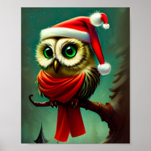 Vintage Rustic Santa Owl Christmas Holiday Poster