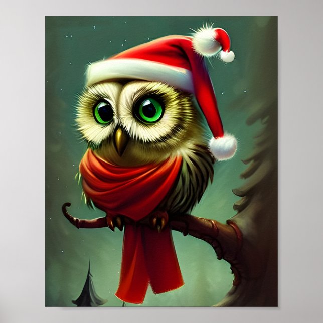 Vintage Rustic Santa Owl Christmas Holiday Poster (Front)