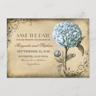 vintage rustic save the date card with blue peony