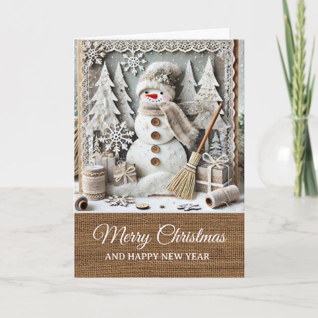 Vintage Rustic Snowman Merry Christmas  Card (Front)