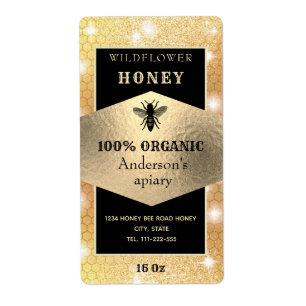 Vintage rustic sparkle gold logo bee honey jar