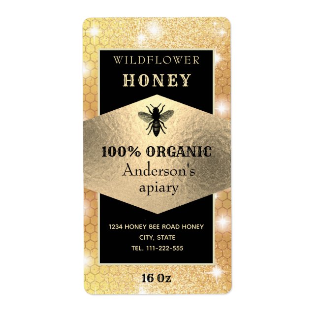 Vintage rustic sparkle gold logo bee honey jar (Front)