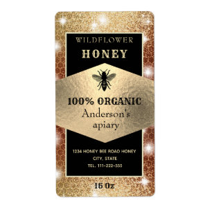 Vintage rustic sparkle gold logo bee honey jar