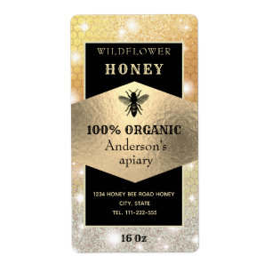 Vintage rustic sparkle gold logo bee honey jar