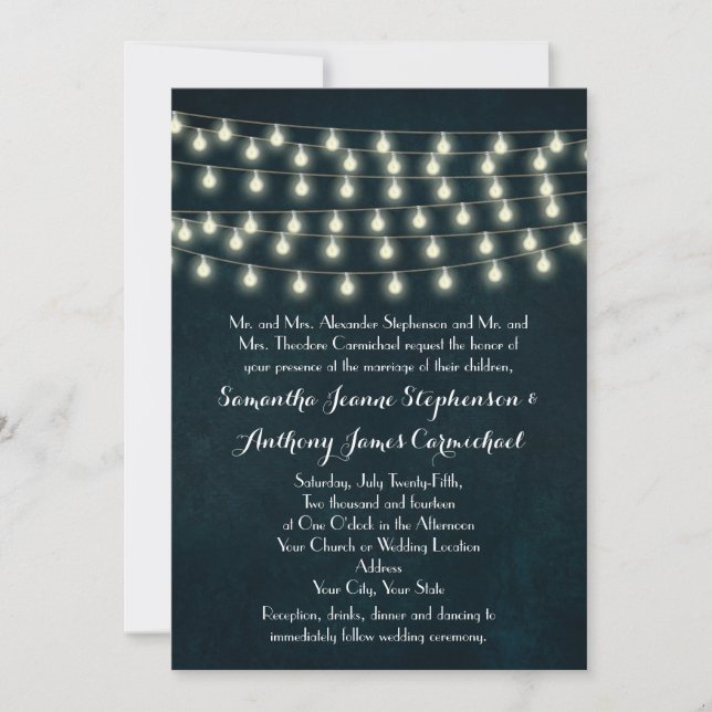 Vintage Rustic String Lights Navy Blue Wedding Invitation (Front)
