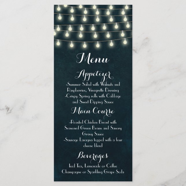 Vintage Rustic String Lights Navy Blue Wedding Menu (Front)