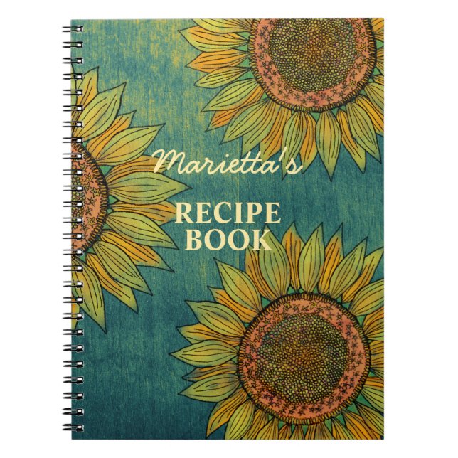 Vintage Rustic Sunflower Green Personalised Recipe Notebook (Front)