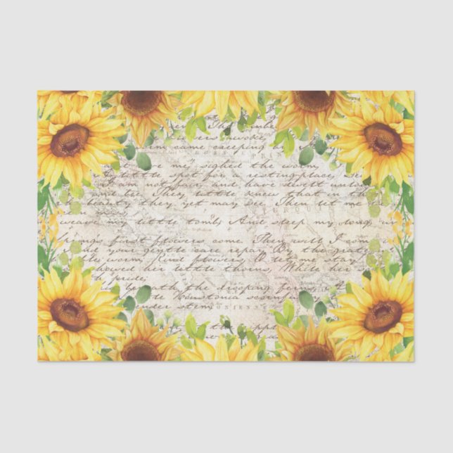 Vintage Rustic Sunflower Old Letter Decoupage Tissue Paper (Front)