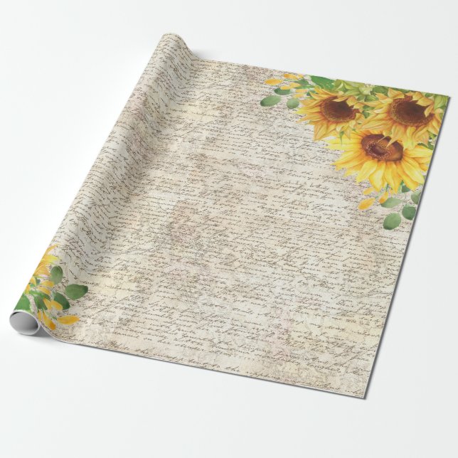 Vintage Rustic Sunflower Old Letter Decoupage  Wrapping Paper (Unrolled)