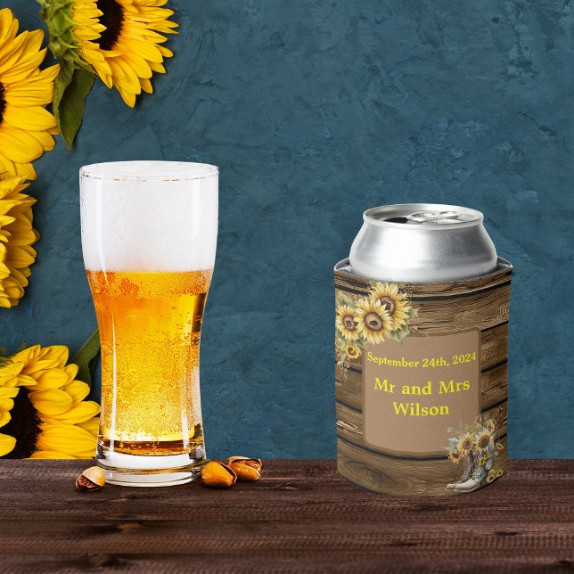 Vintage Rustic Sunflowers Country Wedding Can Cooler (Creator Uploaded)