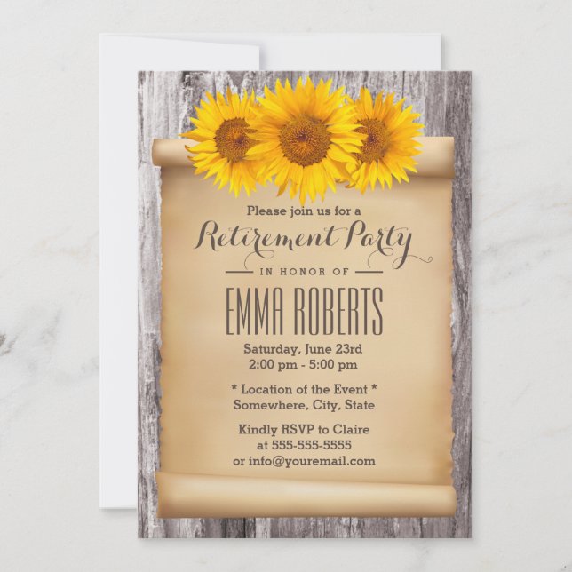 Vintage Rustic Sunflowers Wood Retirement Party Invitation (Front)