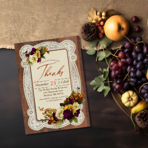 Vintage Rustic Thanksgiving Lace & Floral Dinner Invitation