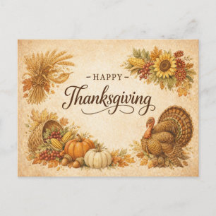 Vintage Rustic Thanksgiving Turkey Harvest  Holiday Postcard