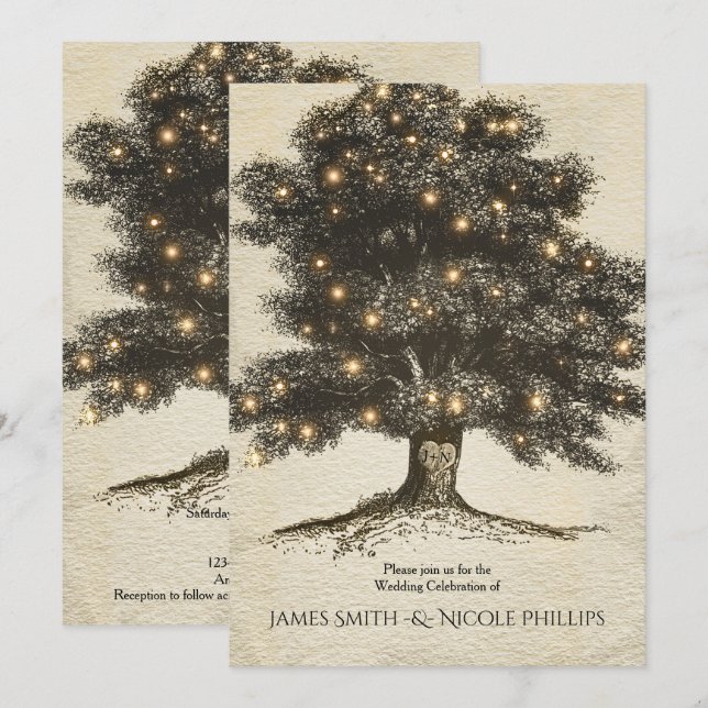 Vintage Rustic Tree & Lights Wedding Invitations (Front/Back)