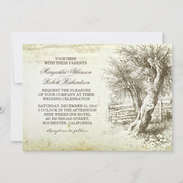 vintage rustic tree old paper wedding invitations (Front)
