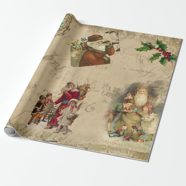 Vintage Rustic Victorian Christmas Collage  Wrapping Paper (Unrolled)