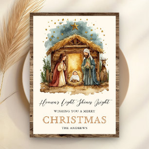 Vintage Rustic Watercolor Nativity Scene Christmas Holiday Card