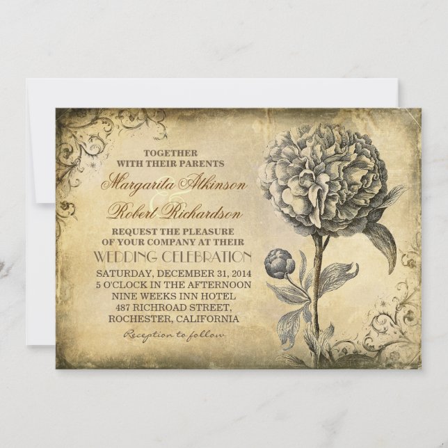 vintage rustic wedding invitation with peony bloom (Front)