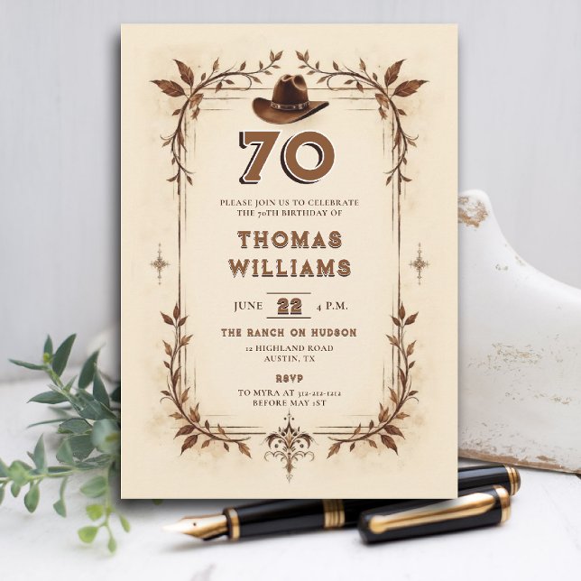 Vintage Rustic Western Vines Cowboy 70th Birthday  Invitation (cowboy birthday invitation men 70th rustic vintage classy country western husband dad grandpa)