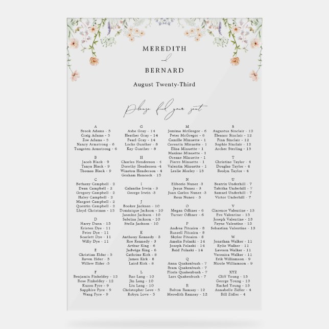 Vintage Rustic Wildflower Acrylic Seating Chart (Front)