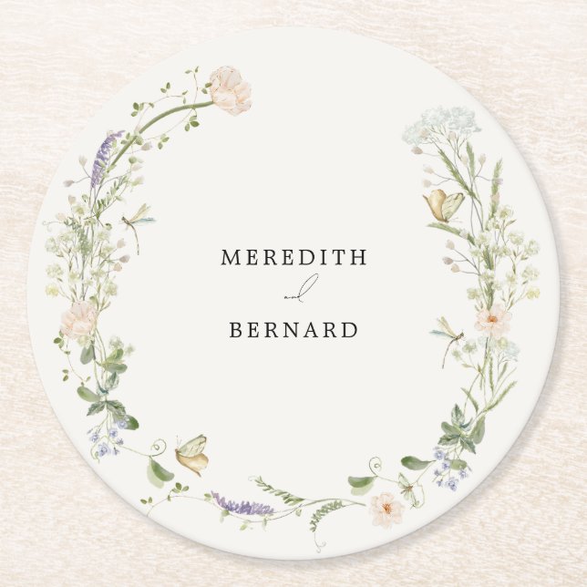 Vintage Rustic Wildflower Wedding Round Paper Coaster (Front)