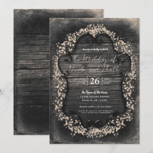 Vintage Rustic Wood & Baby's Breath Invitations (Front/Back)